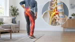 Man experiencing radiating leg pain with an illustration showing a compressed lumbar nerve associated with sciatica and radiculopathy.