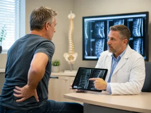 Pain management physician reviewing spine imaging with a patient at Augusta Pain Center experiencing ongoing back pain after a previous surgery.