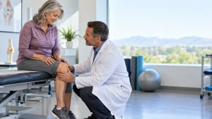 Pain specialist examining an older woman’s knee during an evaluation for arthritis-related knee pain and treatment options beyond medication.