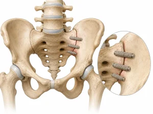 Illustration of SI joint fusion implants placed across the sacroiliac joint, the minimally invasive procedure Augusta Pain Center uses to treat SI joint dysfunction.